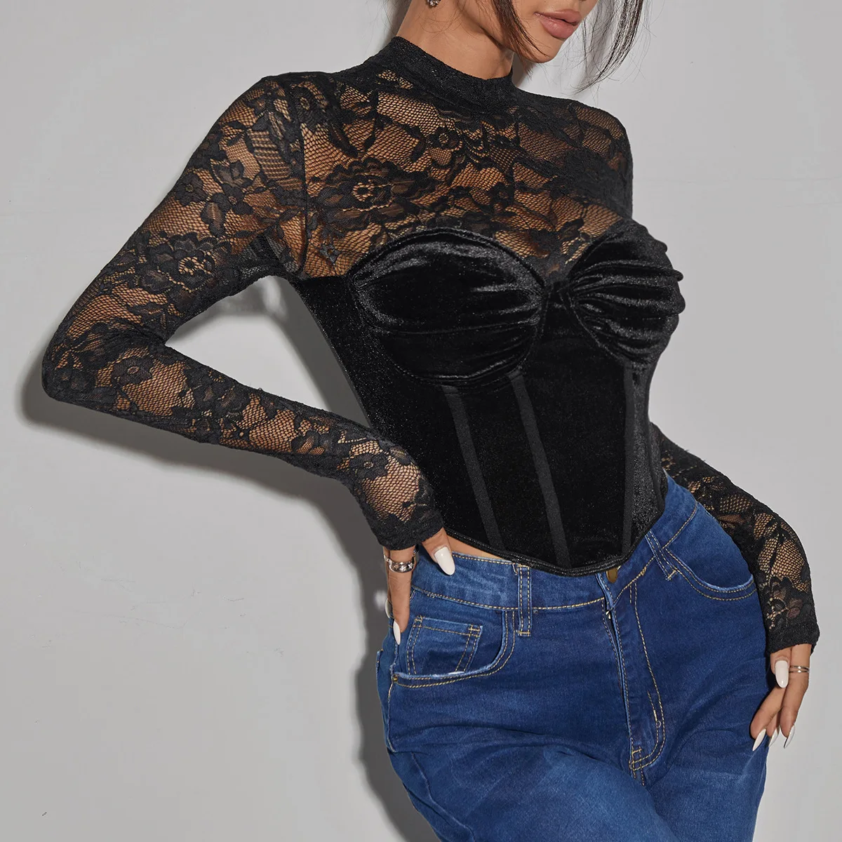 Women's Sexy Lace Long Sleeve Boned Corset Top Trendy Y2K Backless Going Out Boned Bustier Bustier Crop Tops Slim Fit T-Shirts