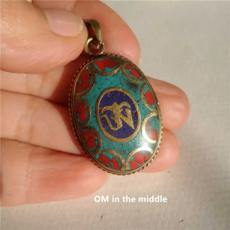 TBP326 Tibetan Amulet Charms OM Kalachakra Brass Inlay Colorful Stone