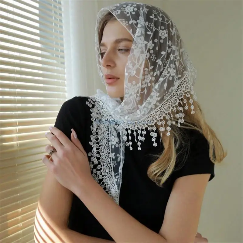 340D Lace Flower Head Scarves Tassels Sheer Headwrap for Beach Vacation and Outdoor Activity Women Party Bandanas Shawl Wrap