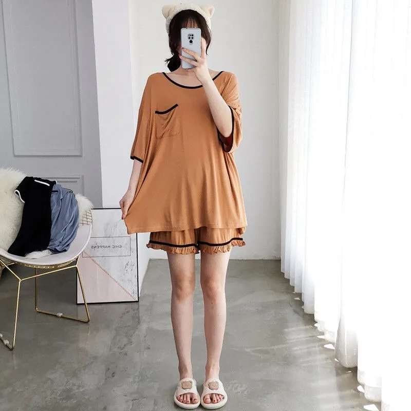 Summertime Simple Backless Pajamas Female Extra Large Short-sleeved T-shirt Shorts Two-piece Set Loose Loungewear Pijamas Women