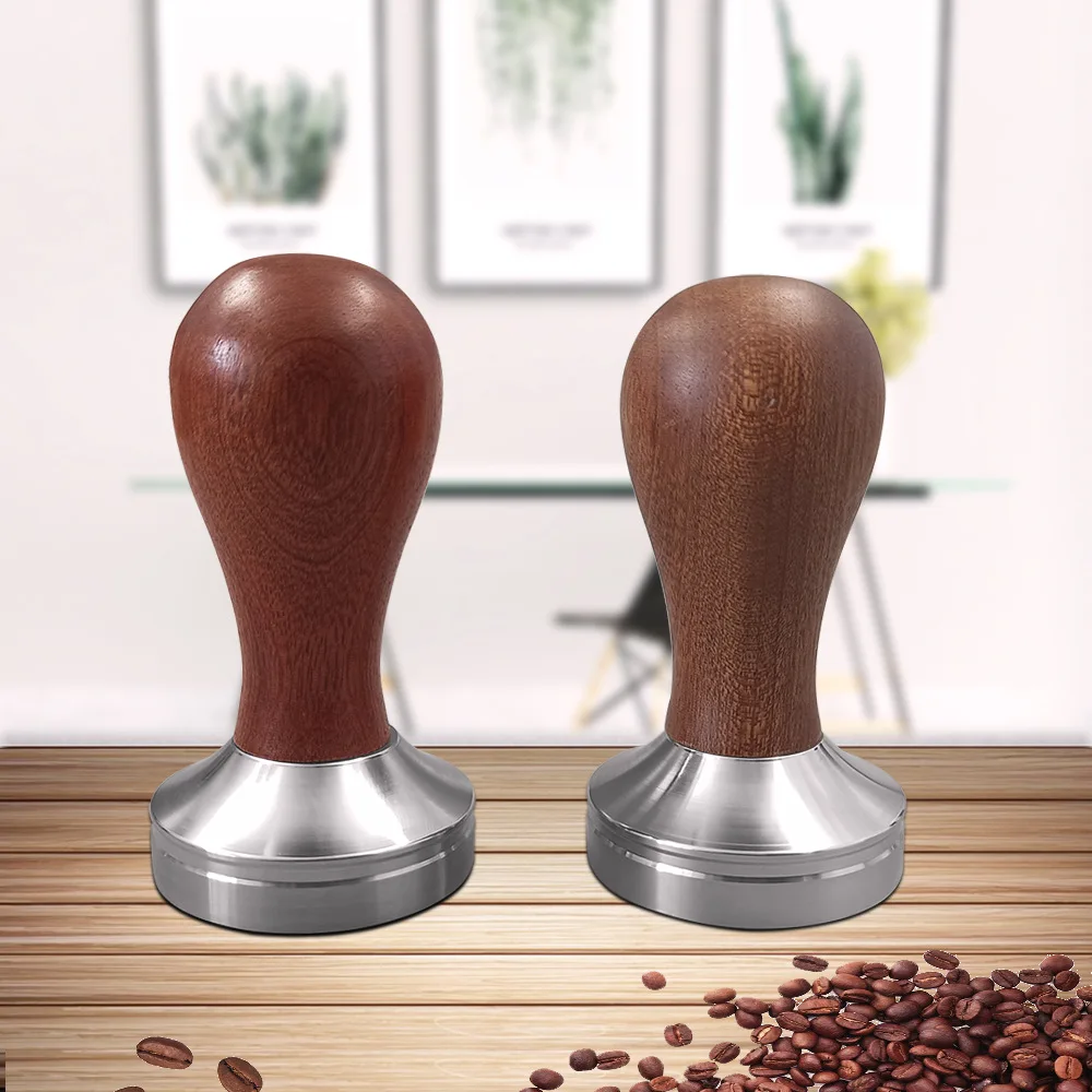 Italian‑style coffee tamper with solid wood handle, 53 mm aluminum coffee distributor and tamper with mahogany