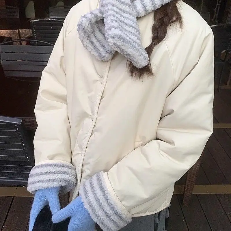 2025 Winter New Casual Two Sided Small and Loose Round Neck Thick Cotton Jacket for Women