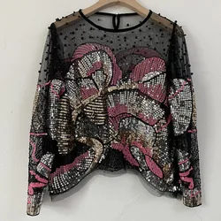 2024 Autumn New Light Luxury Beads French Style Loose Fashion Versatile Sequin Long-sleeved Crew Neck T-shirt Top