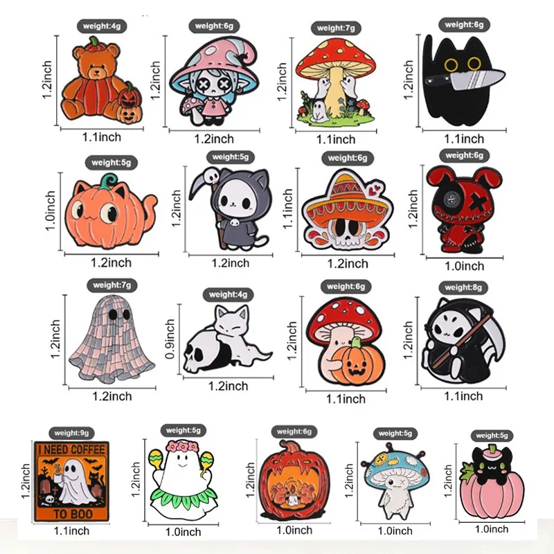2-13 Stück/Set Halloween-Abzeichen im Gothic-Design, gruselige Skelett-, Geister- und Pilz-Anstecknadeln für Jacken, Rucksäcke, Schmuck, Geschenk – Detail 1