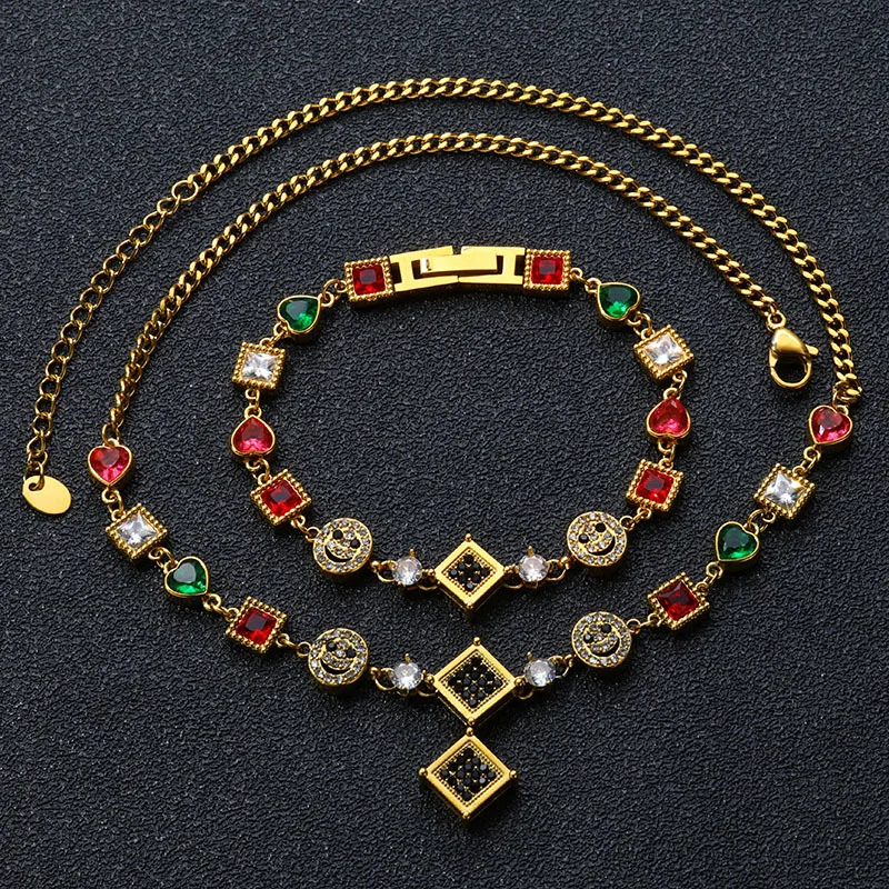 Colored Zircon Bracelet for Women,Stainless Steel Zircon Studded Dazzling Color Collision Necklace Set, Jewelry Gift to Mother