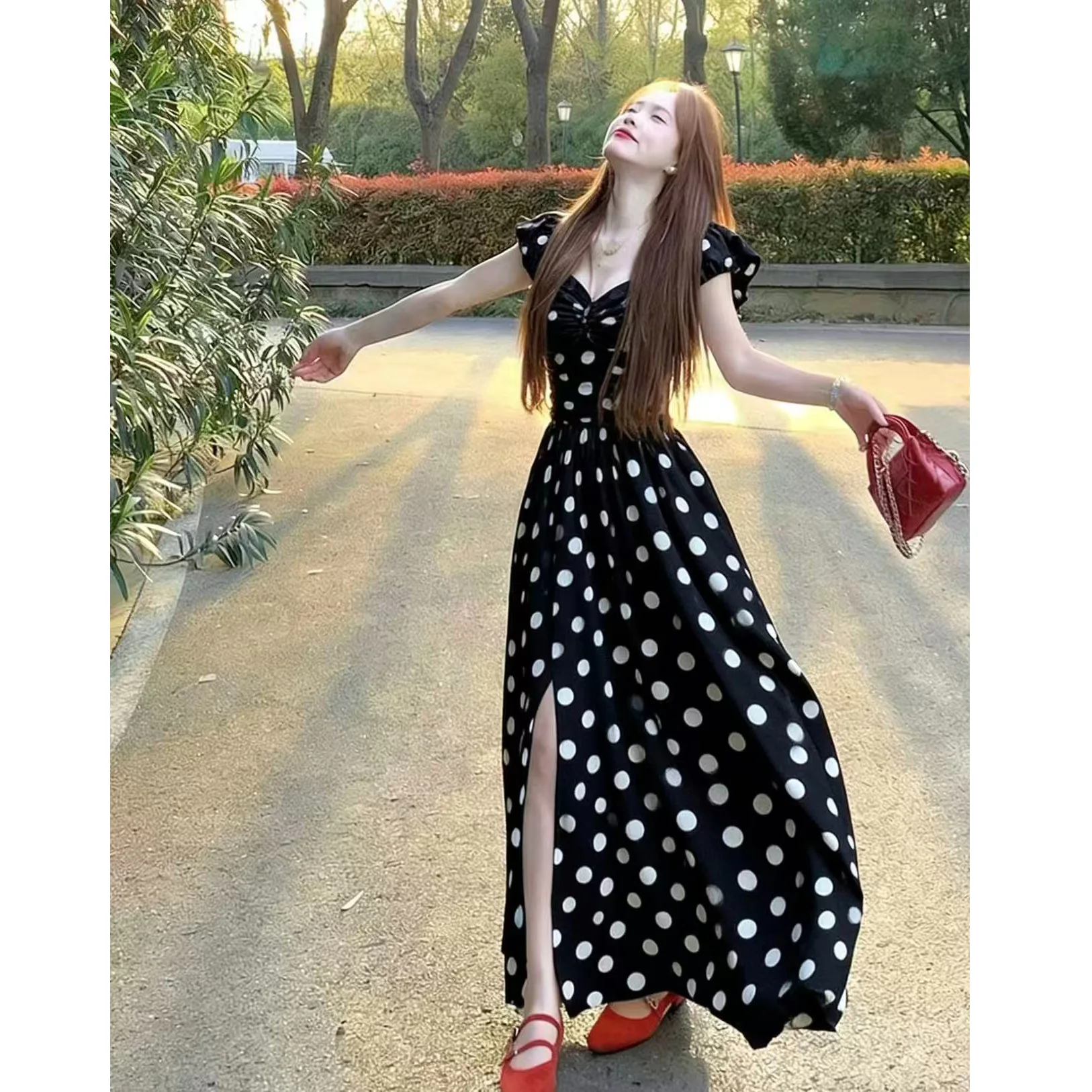 

Women's Polka Dot Dress, New 2026 Summer Style, Pleated Waist-cinching Elegant Long Dress