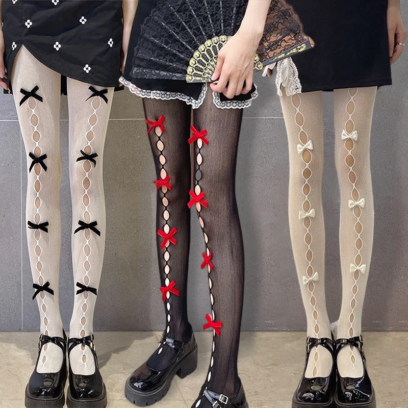 New Spring Summer Bowknot Hollow Out Pantyhose Sexy Thin Lace Tights Japanese Korean JK Fishnet Silk Stocking Women 9 Style