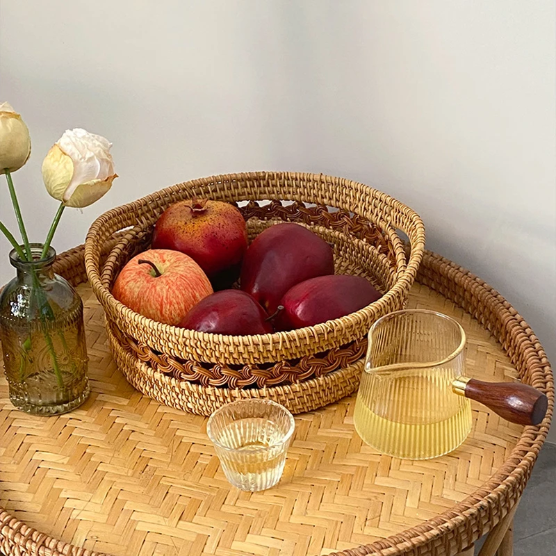 Handmade Real Rattan Round Fruit Basket, Snack Bread Basket Tray, Living Room Snacks Sundries Storage Basket