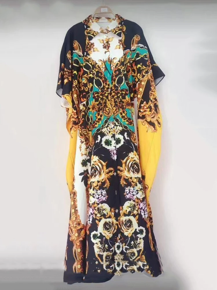 فستان بتصميم عتيق بطباعة هندسية وطية صدر واحدة مكشكش وأكمام خفافيش لصيف 2025 فستان قميص فضفاض على الموضة للسيدات