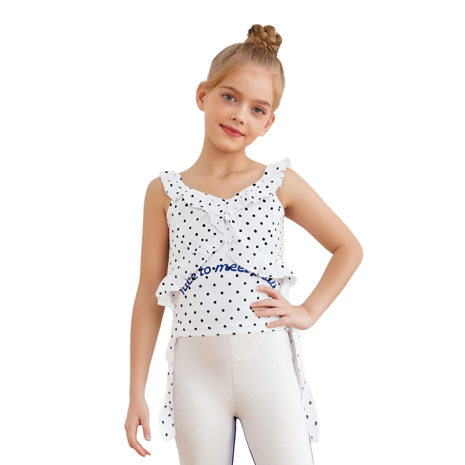 

Kids Girls Summer Camisole Fashion Ruffles Dots Vest Sleeveless Letter Printed Vest Top for Birthday Holiday Vacation Beachwear
