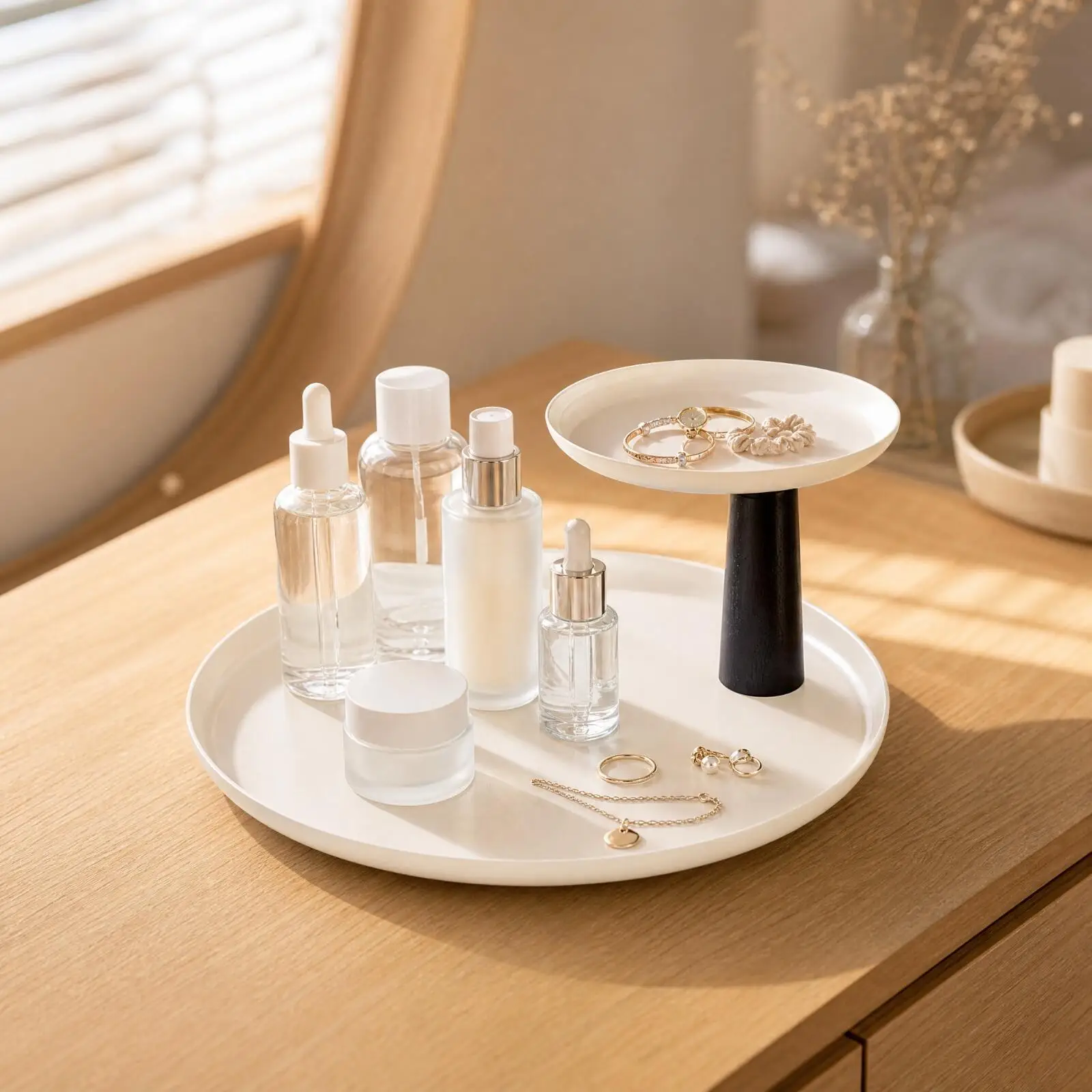 Two Tier Rotating Organizer Round Wooden Stem Steel Trays Desktop Shelf for Makeup Accessories Bedroom Vanity Countertop Storage