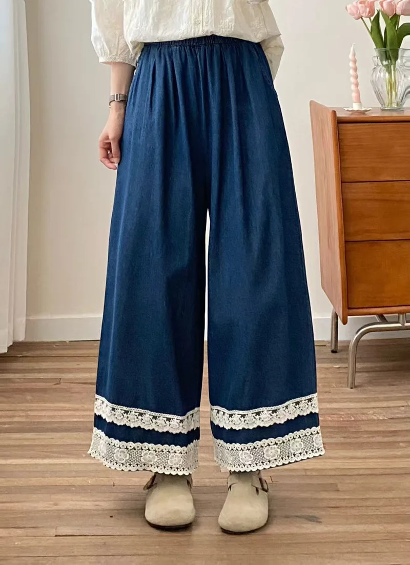 Nuovi pantaloni in denim di cotone estivo 2025, patchwork di pizzo elastico in vita da donna, jeans a gamba larga INS per pendolari retrò Mori Girl B56626CC