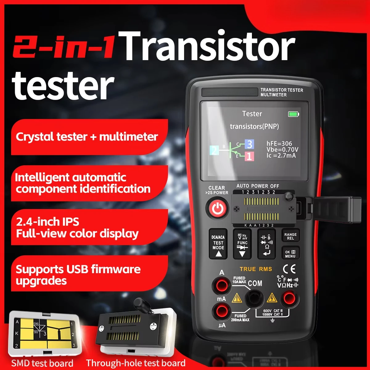 2-in-1 High-Precision Digital Multimeter Transistor Tester Auto Range Voltage Resistance Diode Continuity