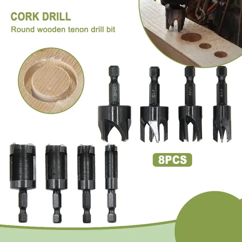 8pc Hexagonal Handle Black Cork Drill Bit Circular Rod Drill Bit Tool Cork Cutting Tool DIY Electric Tool Accessories