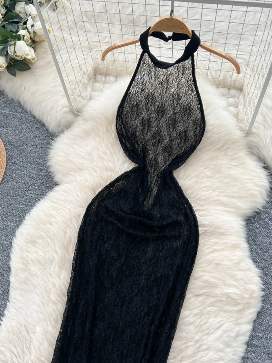 Foamlina verano malla encaje Sexy espalda descubierta ajustado elegante único Maxi vestido europeo chica caliente Halter vestido largo ajustado