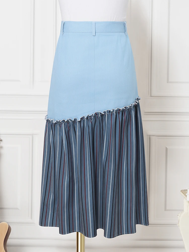 

2025 женские длинные юбки ZANZEA, осенние джинсовые юбки с высокой талией в стиле пэчворк и принтом Jupes Faldas Saia, повседневные свободные юбки с рюшами на пуговицах