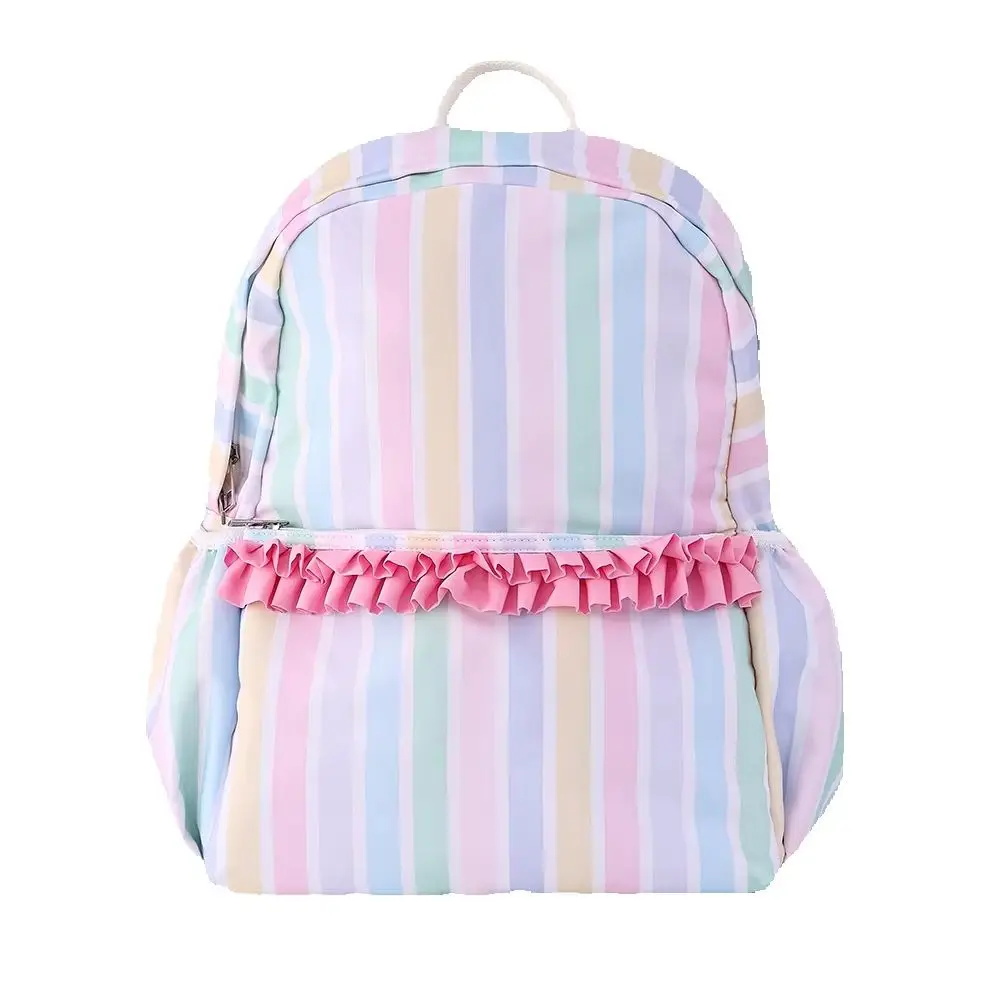Rainbow Striped Backpack Light Colored Schoolbag With Adjustable Shoulder Straps And Pink Pleated Lace Design Fashion