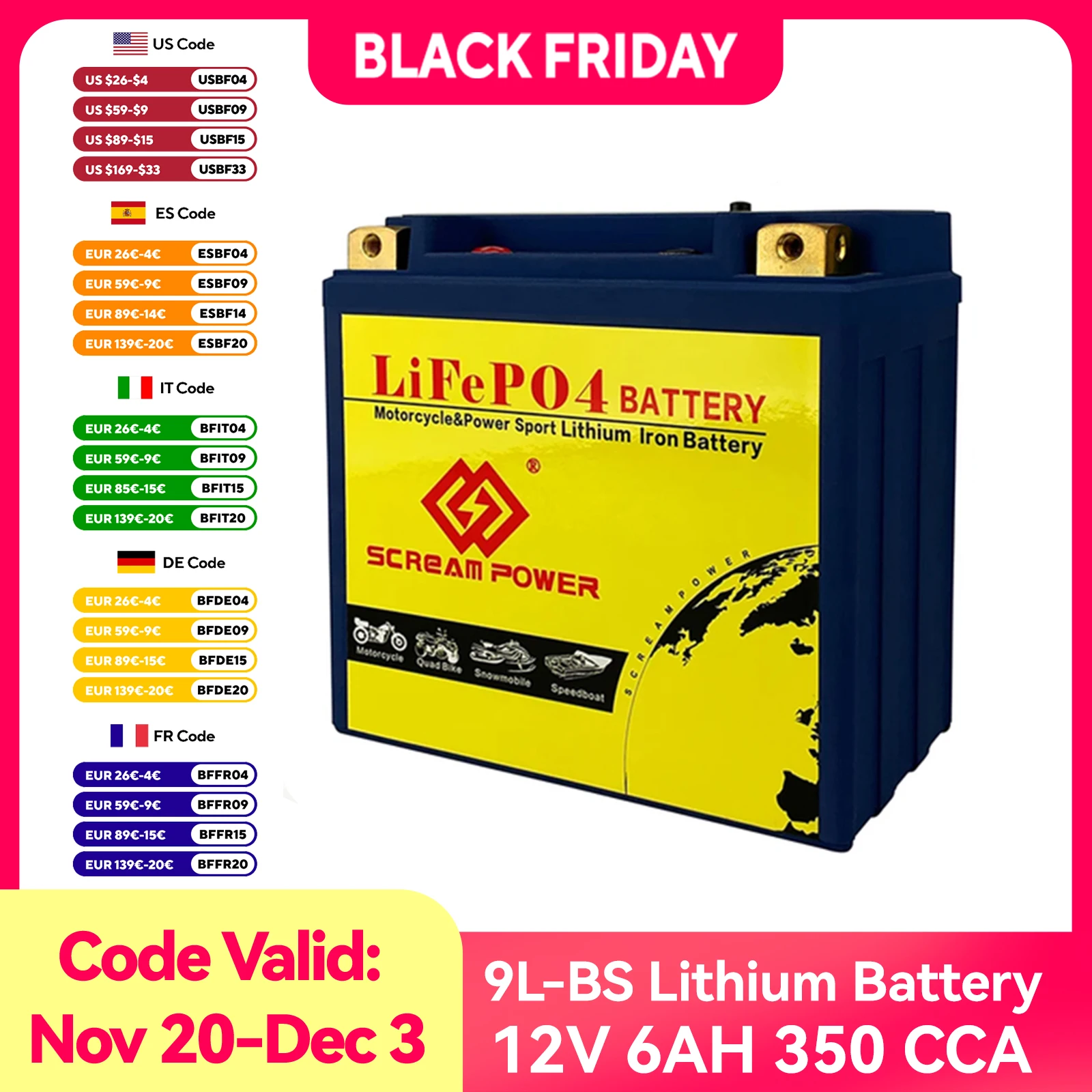 9-BS/9-B/9-B4 12V Motorcycle LiFePO4 Energy Starter Battery 6Ah 350A With BMS Replacement for Motorcycles