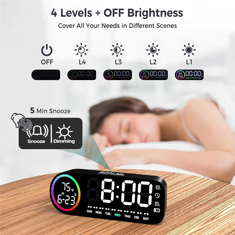 

Цифровой будильник JHD с большим светодиодным дисплеем температуры, 7-цветным ночником, 4 уровня яркости, голосовым управлением, 12/24 часами