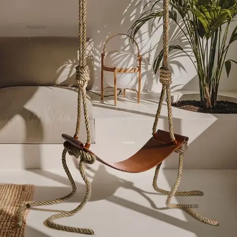 Retro Hemp Rope Patio Swings Nordic Designer Adults Outdoor Balcony Cowhide Surface Decorative Swing Chair Home Garden Furniture