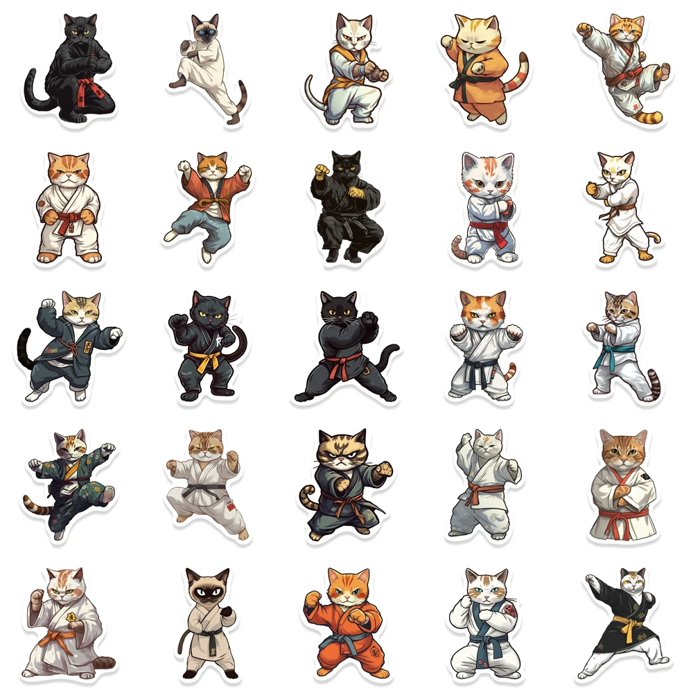 50Pcs Cool Taekwondo Kung fu Cat Stickers Waterproof Stickers for Water Bottle Laptop Phone Skateboard Sticker for Kids Gifts