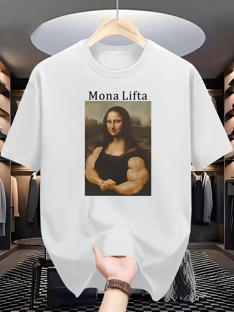 Camiseta gráfica divertida con diseño de Mona Lisa y Mona Lifta, camiseta informal de manga corta con efecto desgastado vintage para hombres y mujeres, ropa de calle