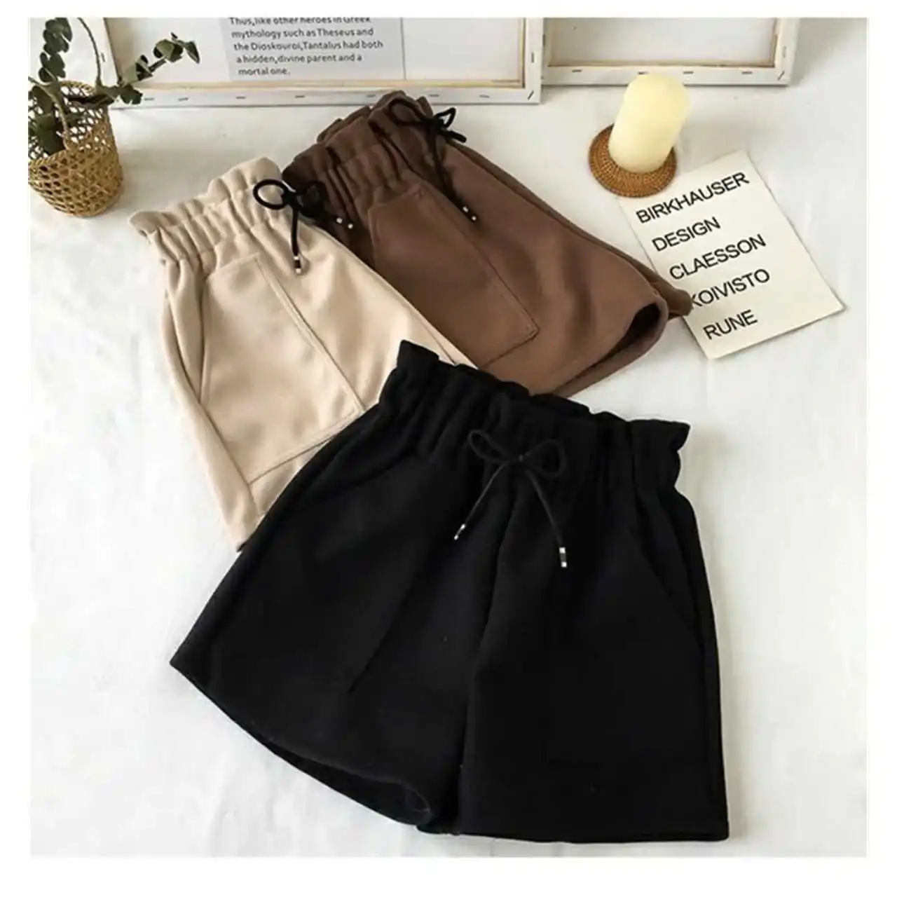 

Faion High Waist Woolen orts for Women Autumn Winter Cleanfit Sle PVC Material Casual Pants for Middle-Aged Women