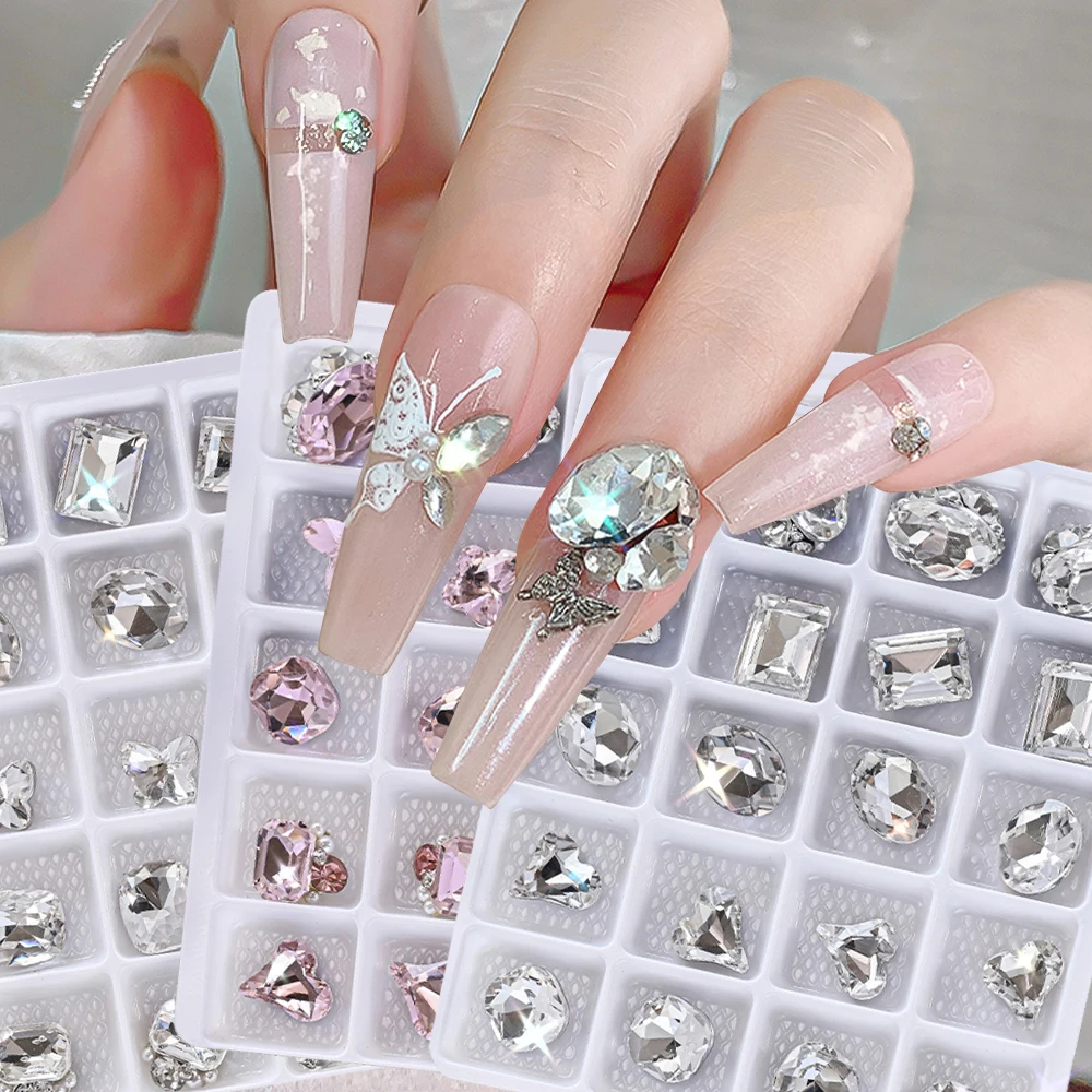 20Pc/box Large Crystal Diamond Nail Charms Pink Blue White Sparkle Pointed Bottom Heart/Butterfly/Oval Rhinestone Manicure Decor