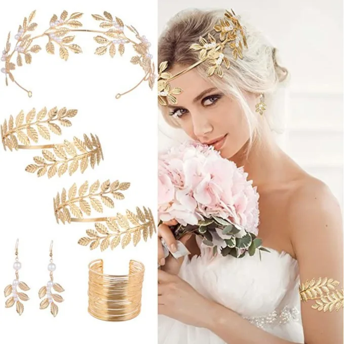 

Hair Accessories Fashionable and Unique Golden Leaf Pearl Headband Set
