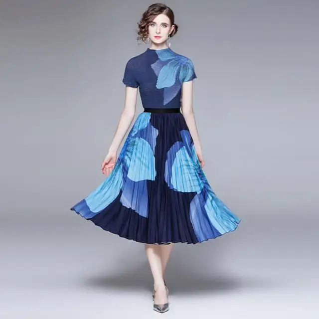 Conjunto de ropa plisada a la moda para mujer, top ajustado estampado, Falda plisada de manga larga, conjunto de dos piezas, faldas para mujer