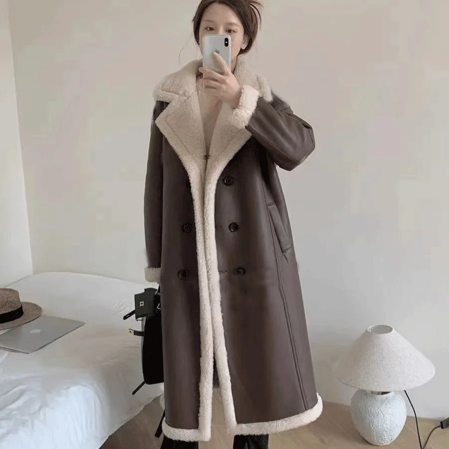 2024 Spring and Autumn New Eco Leather Long Fur Coat Women\'s Windbreaker Full Wool Inner Thermal Coat