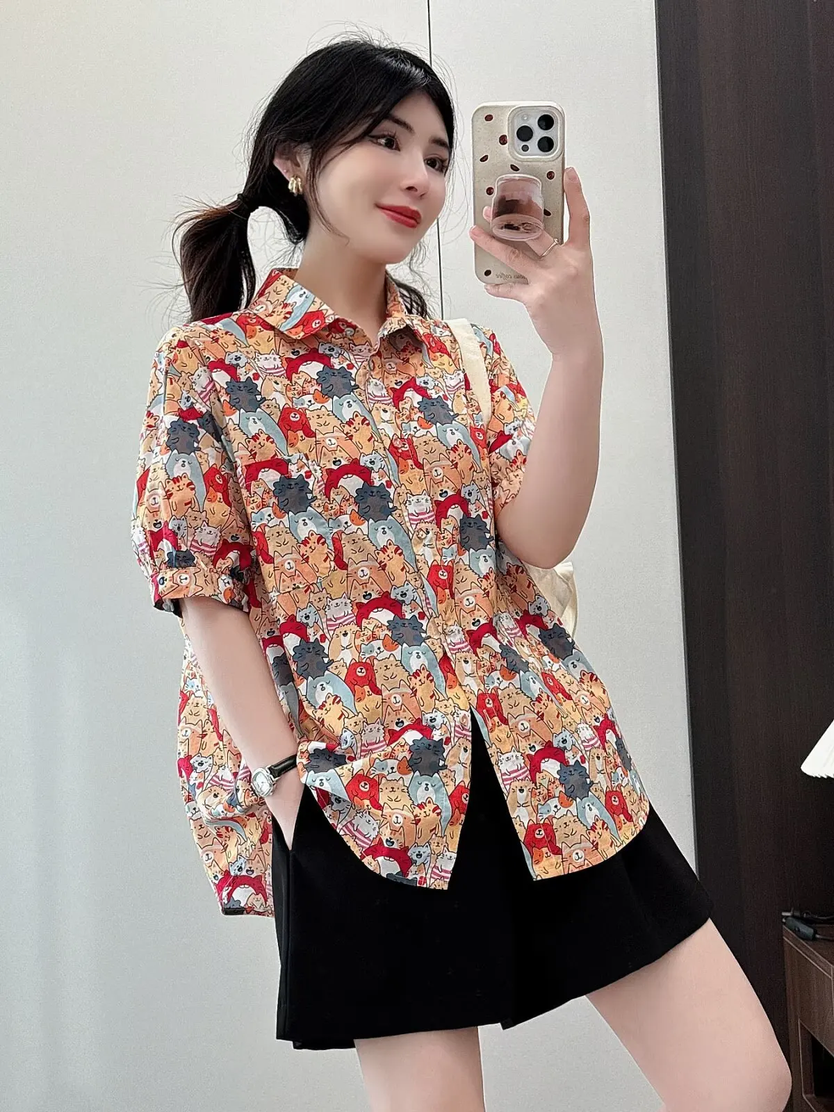 ใหม่2025ฤดูร้อนผ้าฝ้ายแขนสั้นเสื้อผู้หญิงTurn-Down Collarพิมพ์การ์ตูน, Moriสาวอเนกประสงค์หวานหลวมเสื้อt55575CC