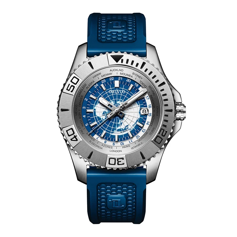 mens automatic mechanical watch100m water resistance luminous world time24 hour indicator calendar stainless steel case43mm dial