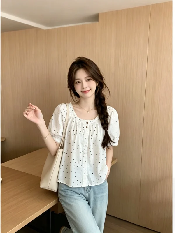 

Sweet Polka Dot Lace Bubble Sleeve Loose Women's Blouse Summer Short Sleeve Chiffon Shirt Korean Style Commute Fashion