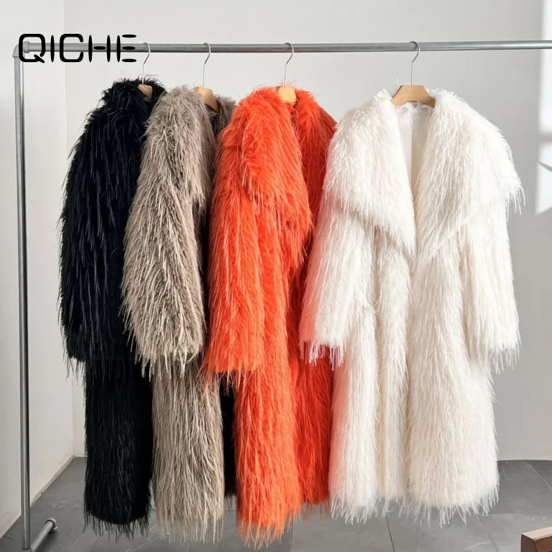 QICHE Women 2026AW Ropa Mujer Solid Faux Fur Long Coat, Tassel Decor Fluffy Design Ladies Outerwear