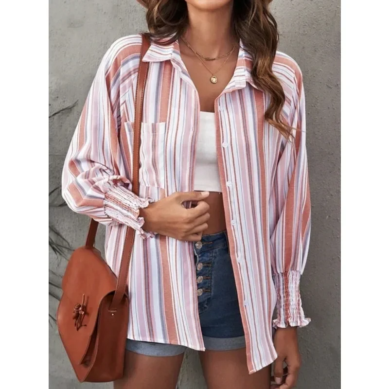 حجم كبير 1XL-5XL المرأة موضة ريترو مخطط فضفاض صالح بلوزة قميص السيدات قوس قزح نغمتين طوق طويل التخسيس #2