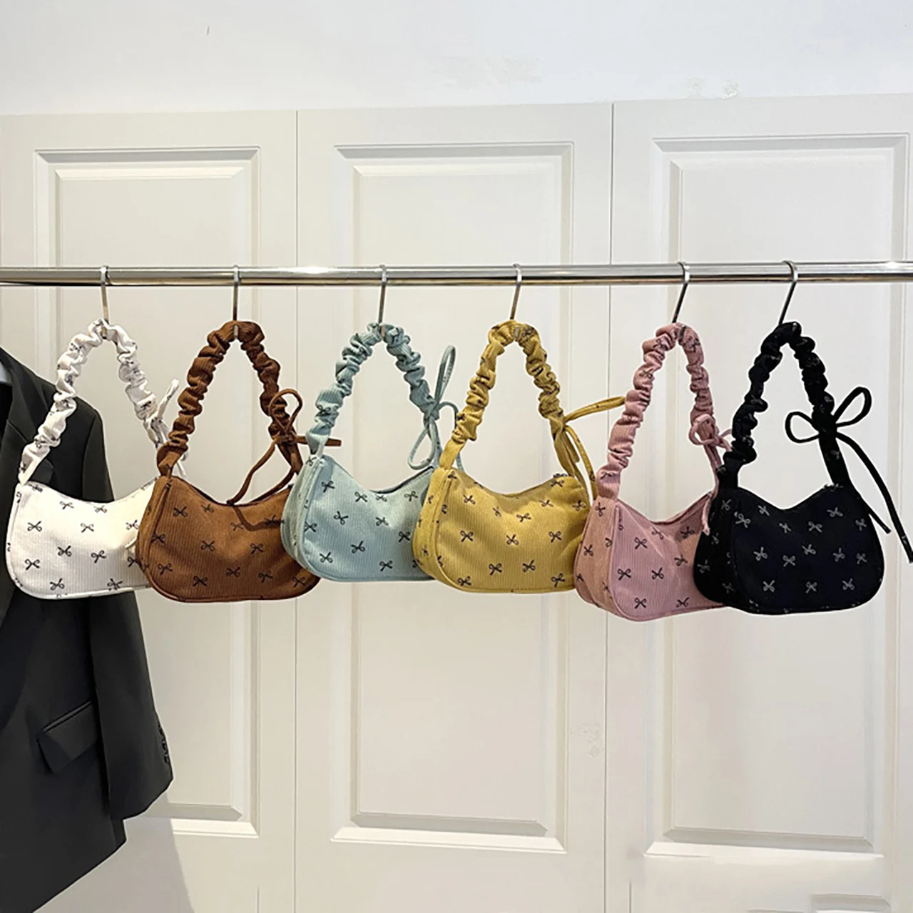 Bow Printed Corduroy Handbag Fall Fashionable Minimalist Women Messenger Bags For Keys Phone Tote Bags Korean Girl Shoulder Bag