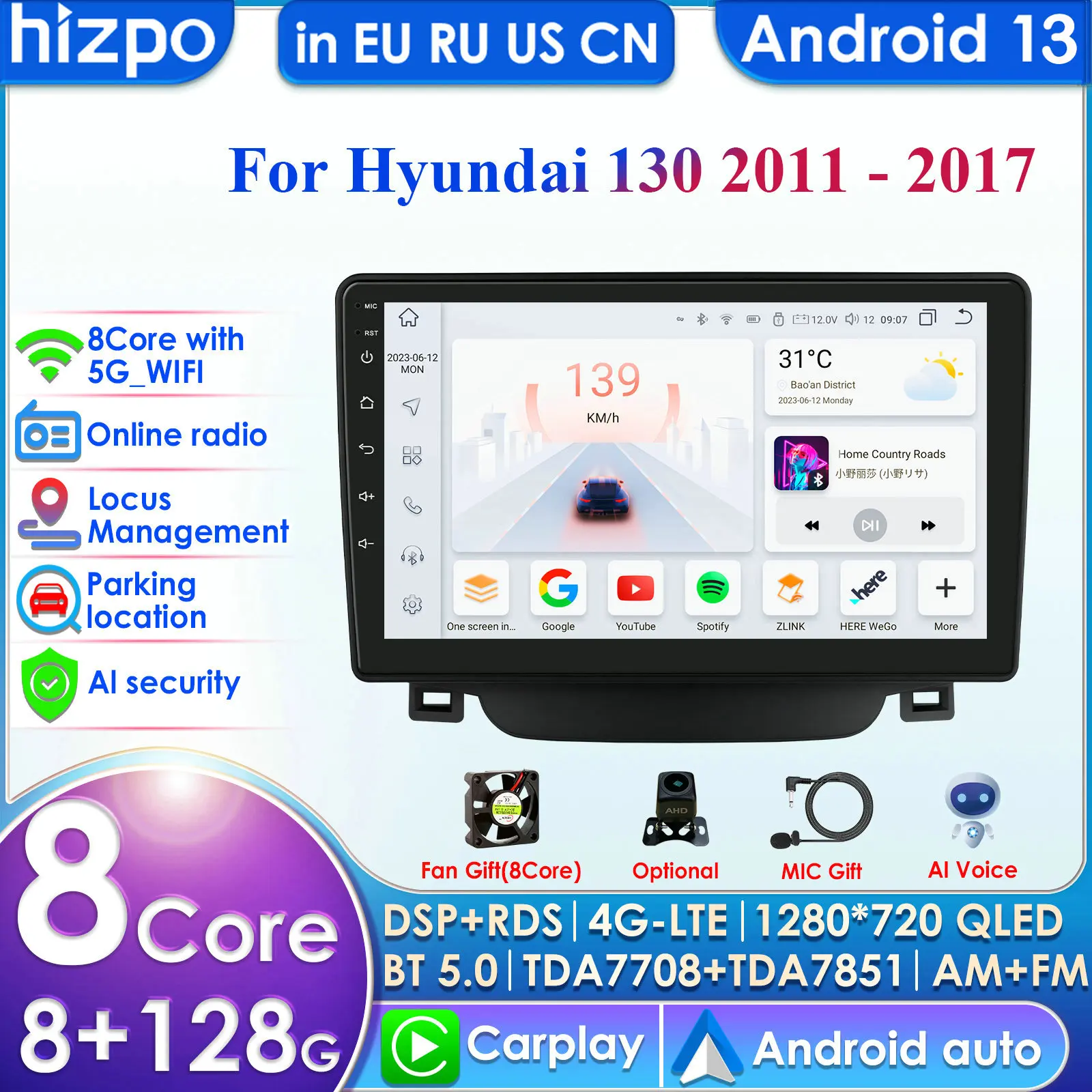 Hizpo 4G 9'' AI Intelligent System CarPlay Android Auto Radio for Hyundai I30 I 30 Elantra GT 2011-2017 Car Multimedia Autoradio