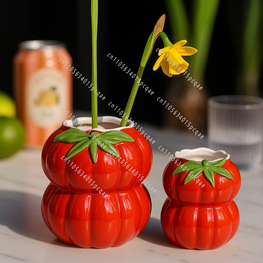 Red Tomato Ceramic Hand-Painted Vase Flower Pot and Chopstick Holder for Home Decor