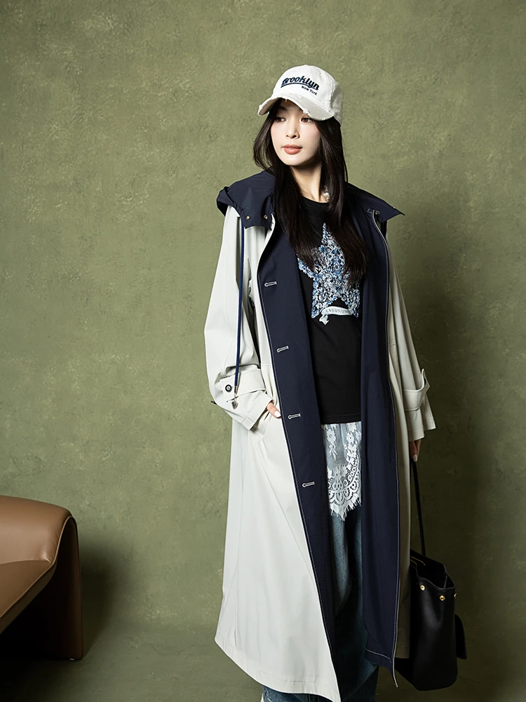 

Lautaro Autumn Long Color Block Patchwork Trench Coat for Women with Hood Single Breasted Luxury Designer Korean Fashion Clothes