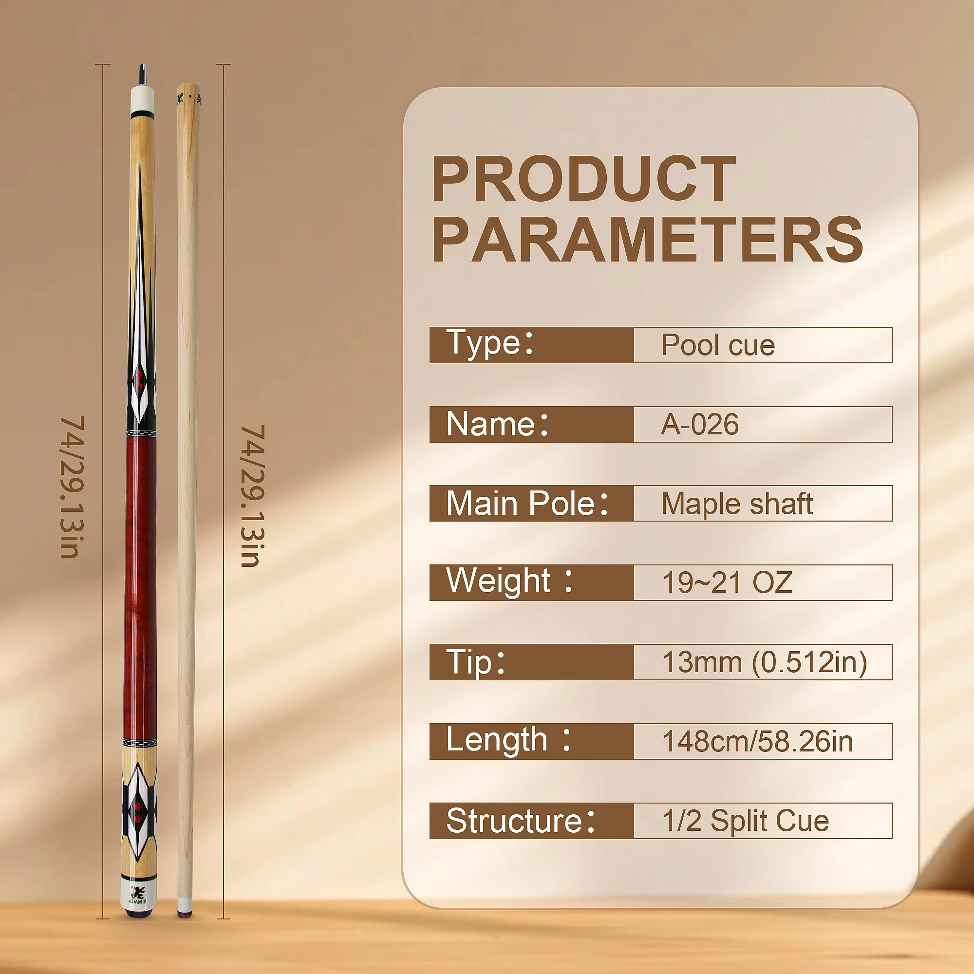 Maple Pool Cue - 13mm Tip 148cm Long Quick Connect, Exquisite Design for American Pool Cue