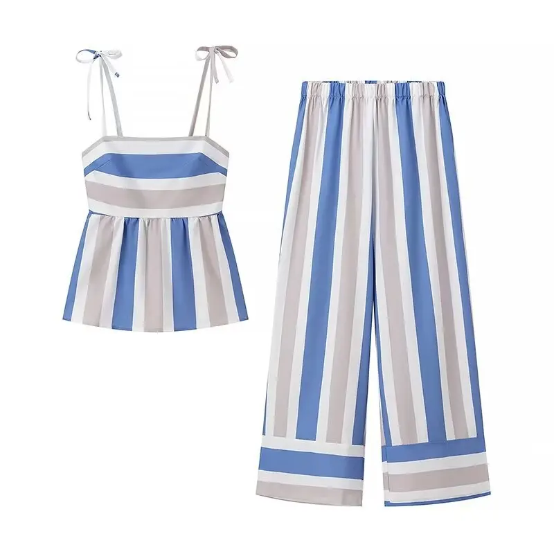 2024 Summer Pareo Striped Strapless Halter Top + Trousers Casual Suit Polyester Spandex Beach Coverups For Women Saida De Praia