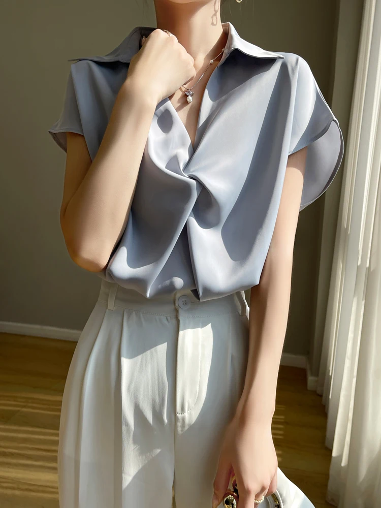 Women's Silk Satin Short-Sleeved Shirts Ladies Turn-Down Collar Loose Pullover Solid Color Casual Wild Thin Blouse Summer 2024