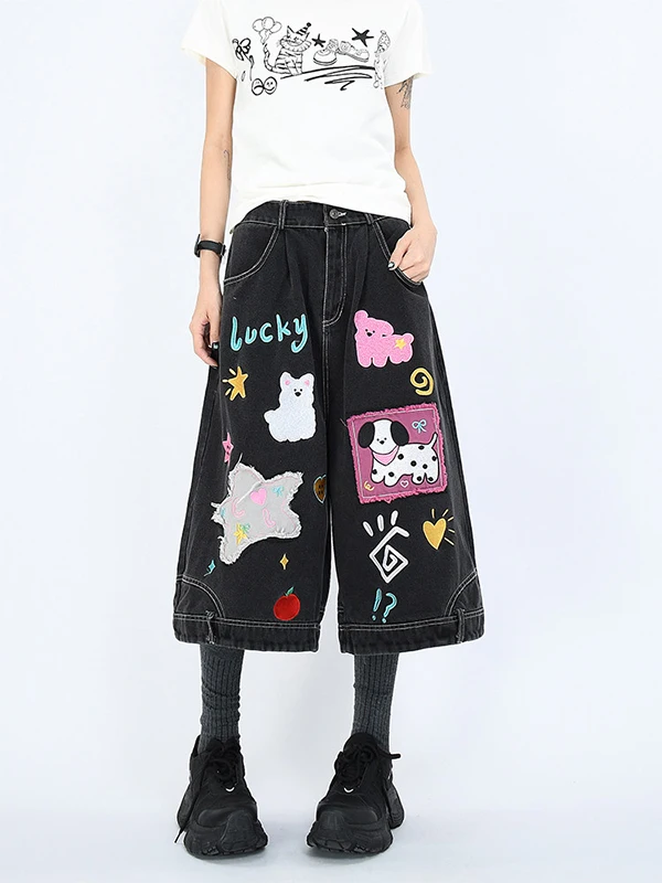 American Style Casual Embroidered Denim Wide Leg Pants Women's Loose Fit Seven Inch Trousers Summer New Fashion Trend