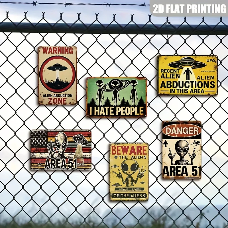 2D Flat, 6pcs, Vintage Alien Metal Tin Signs - UFO-Themed Decor with Inspirational Quotes, UFO AREA Retro Tin Plates, Easy to Hang - Perfect for Man Cave Home, Garage, Bar, Pub, Cafe, And Yard Decoration, Water-proof 8X12 Inch, 2D Flat