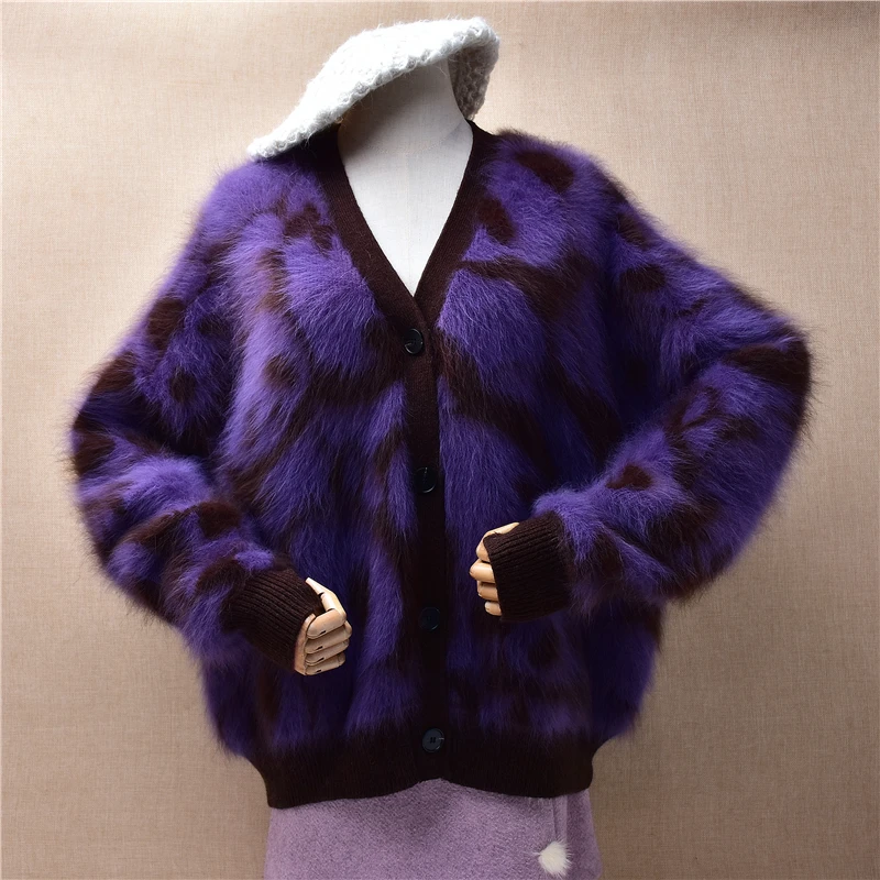 

Top Quality Female Women Colored Purple Hairy Plush Mink Cashmere Knitted V-Neck Long Sleeves Loose Cardigans Sweater Jacket Top