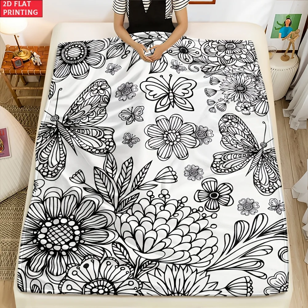 Butterfly Flower DIY Coloring Printed Flannel Blanket Warm Soft Cozy Throw Blanket Couch Bed Living Room Decor