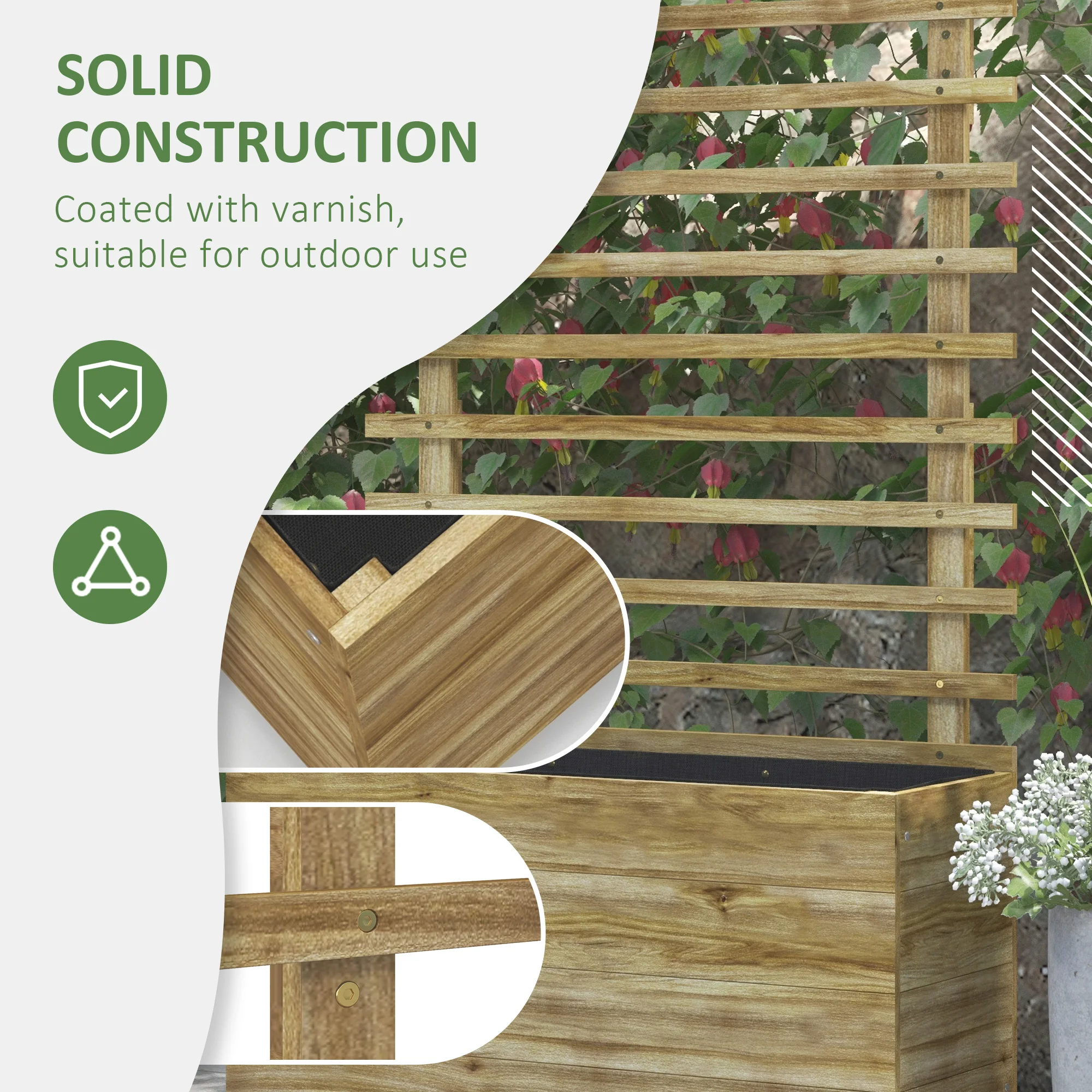 Garden Wooden Planter Box with Trellis Flower Raised Bed W/ Wheels, Natural