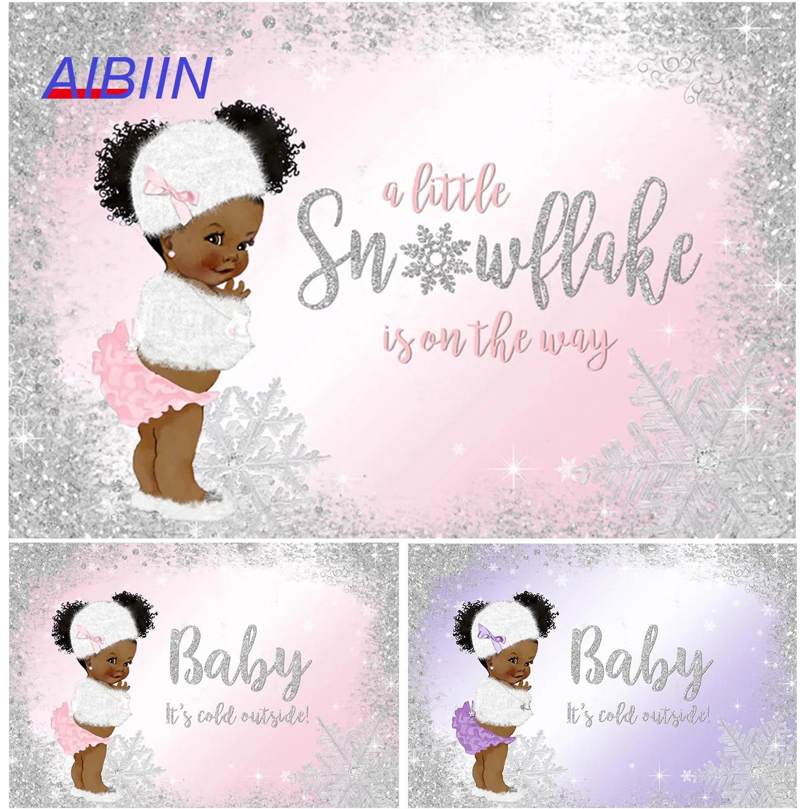 

Winter Girl Baby Shower Backdrop Watercolor Pink or Purple Snow Snowflake Party Decor Portrait Photozone Photography Background