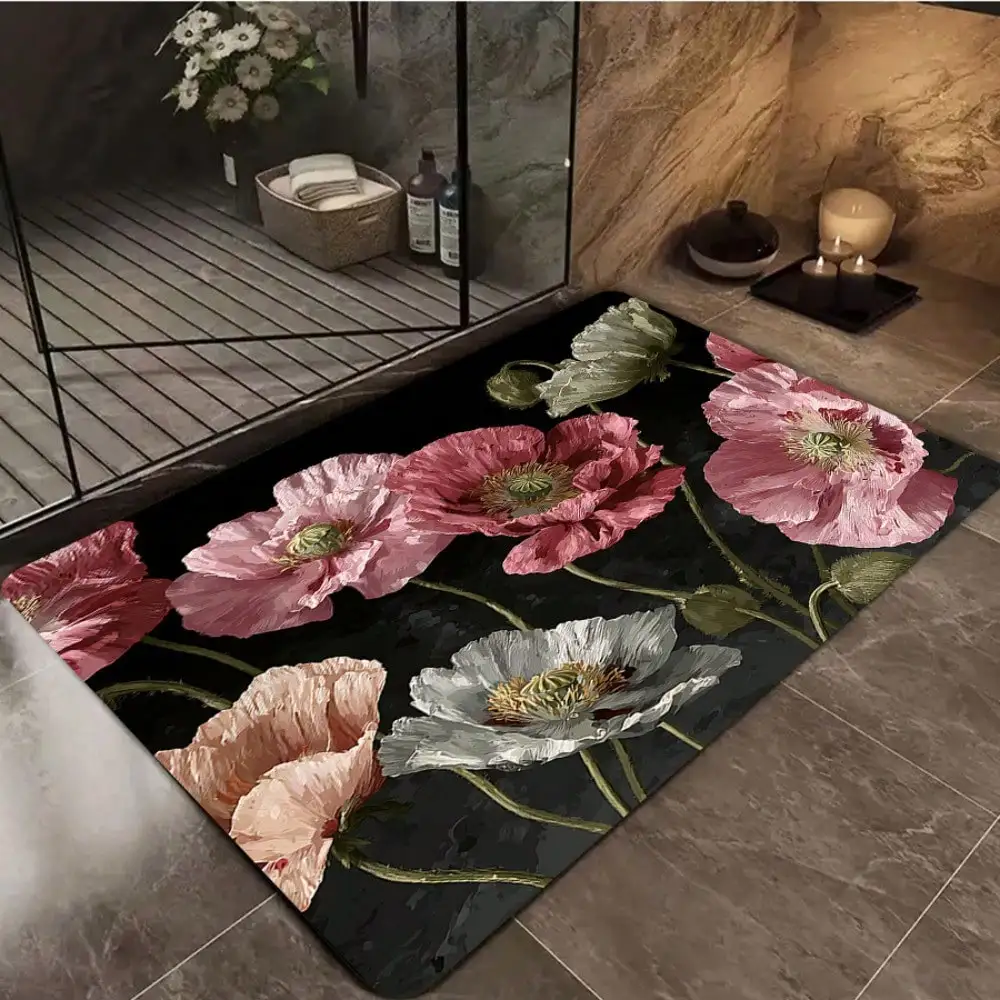 1pc Vintage Oil Painting Pink White Poppy Black Background Print Bathroom Non-Slip Mat, Strong Water Absorbent Quick Dry Rectangle Floor Mat, Rubber Non-Slip